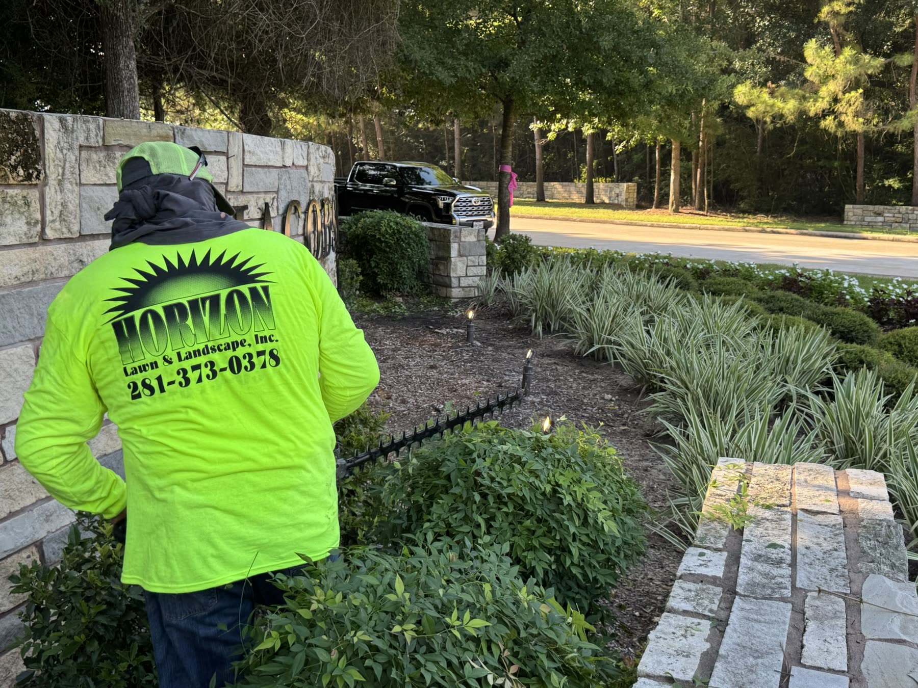 Crew trimming and shaping shrubs