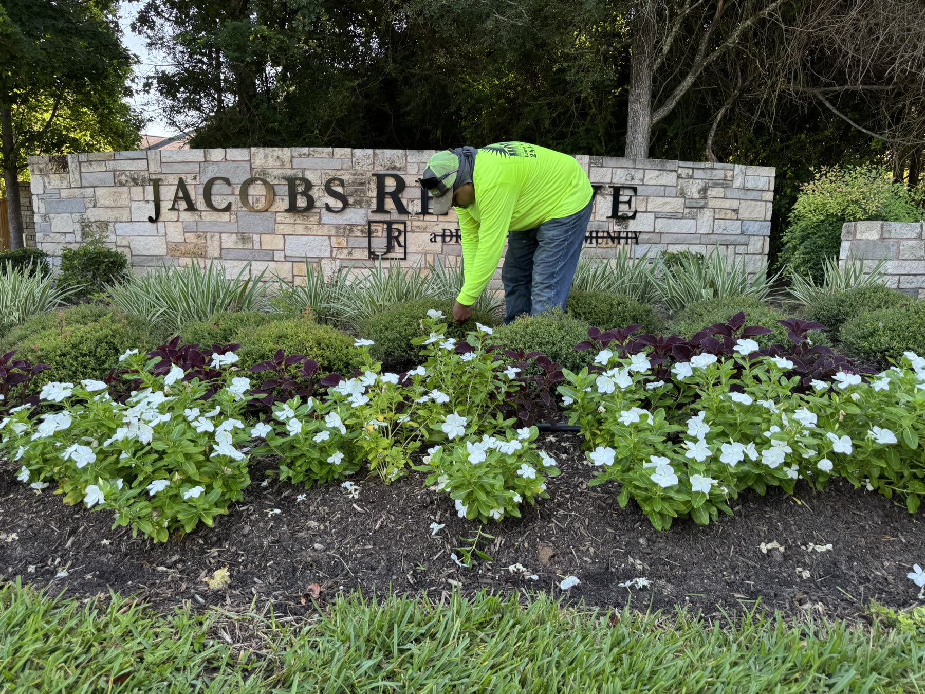 Crew maintaining plantings at community entrance